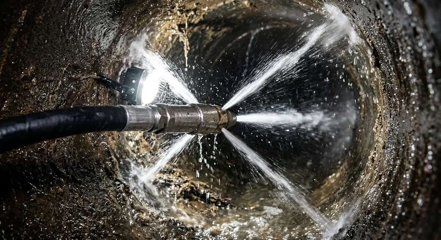 High-pressure hydro jetting nozzle cleaning sewer pipe for Trenchless Sewer Repair in Jamesburg