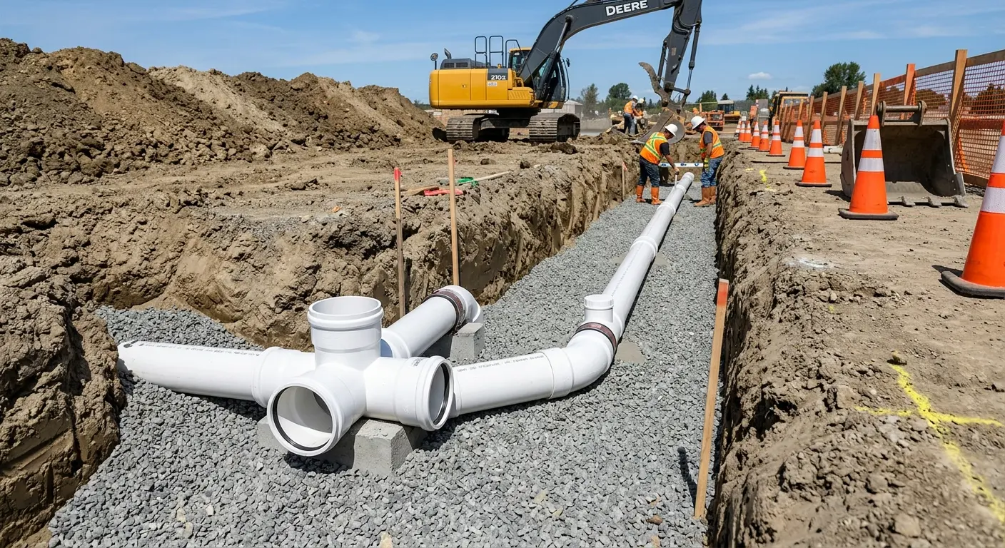 New PVC sewer pipe installation in open trench for Sewer Backup in Jamesburg