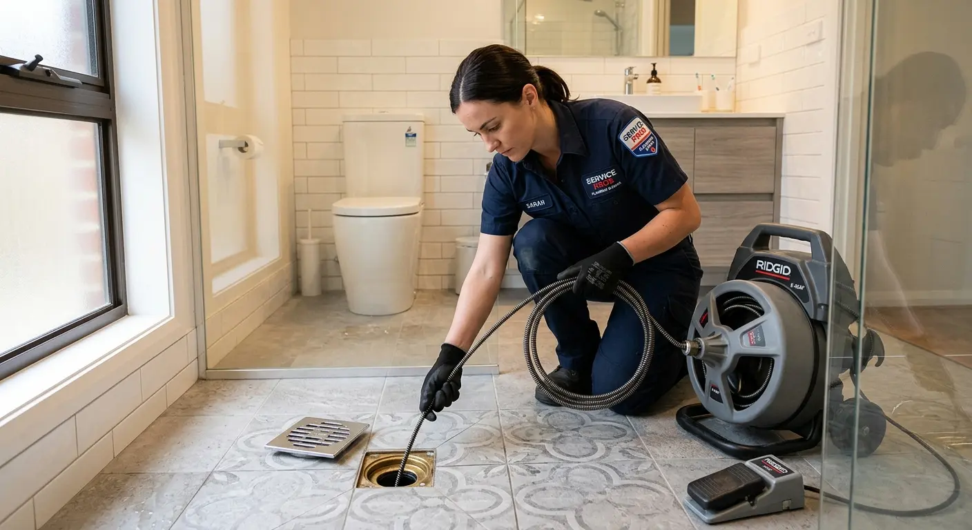 Technician clearing a bathroom floor drain for Drain Cleaning in Jamesburg